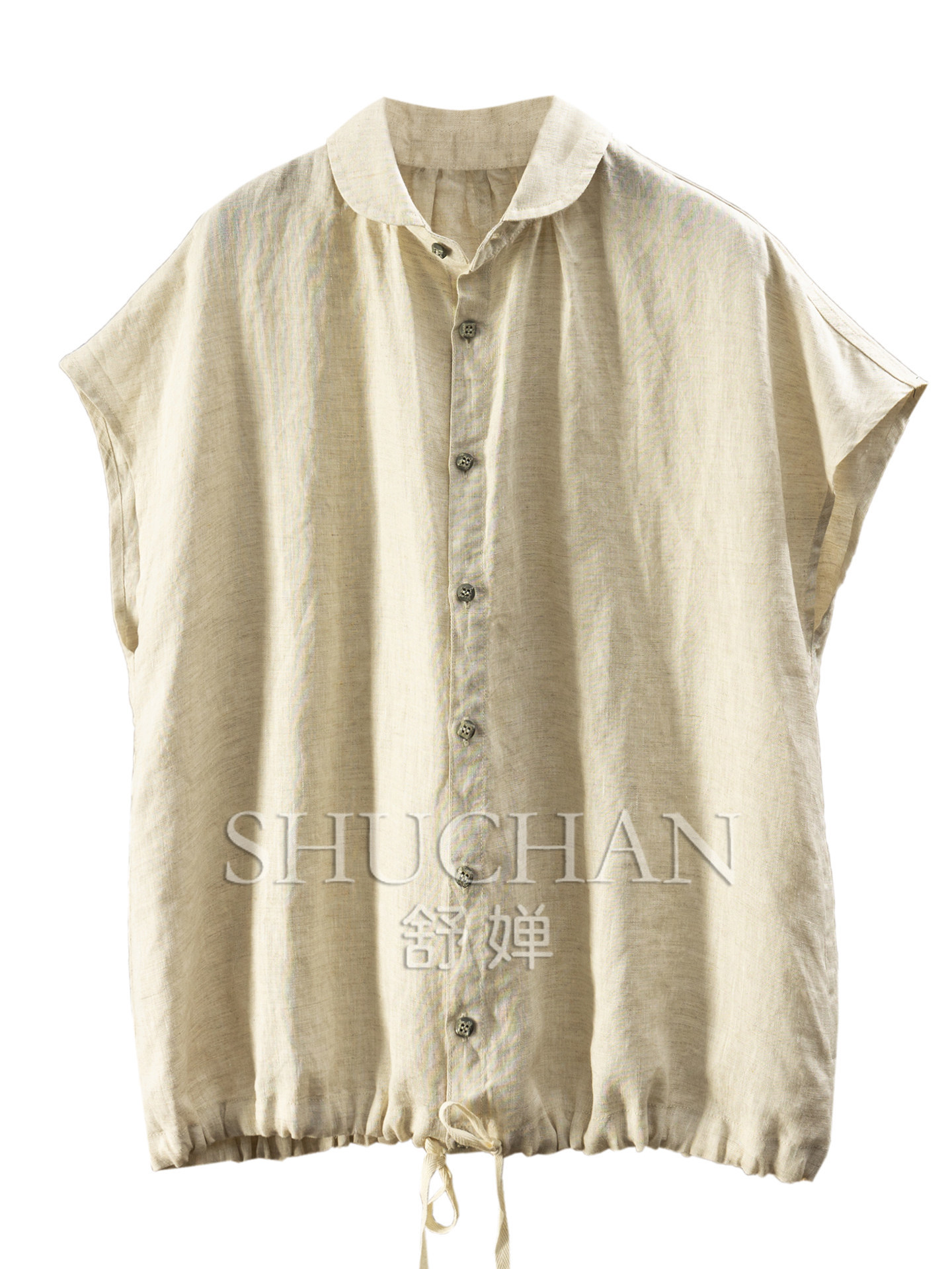 Short Linen Drawstring - Cool Breeze Blouse Natural Rain Dew