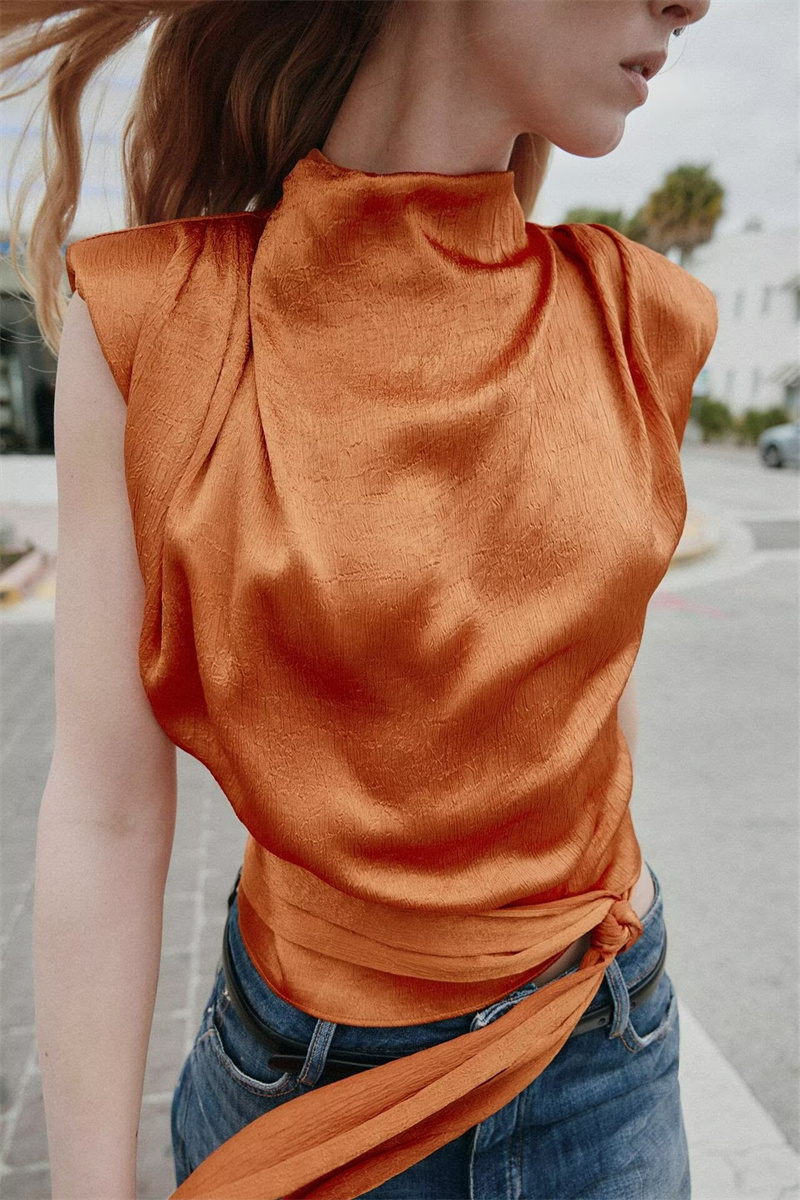 Satin Shawl Collar Sleeveless  - огляд і ціна Shirt Camp Collar