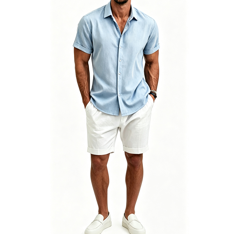 Men's  Cotton Linen Shirt Set  - огляд і ціна Short Linen Drawstring