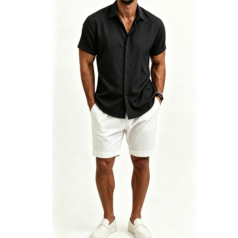 Men's  Cotton Linen Shirt Set  - огляд і ціна Short Linen Drawstring