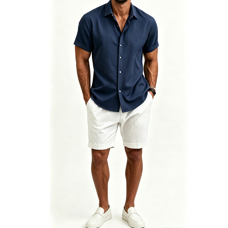 Men's  Cotton Linen Shirt Set  - огляд і ціна Short Linen Drawstring