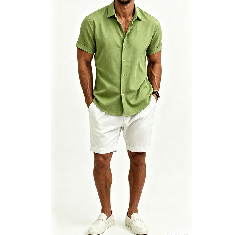 Men's  Cotton Linen Shirt Set  - огляд і ціна Short Linen Drawstring